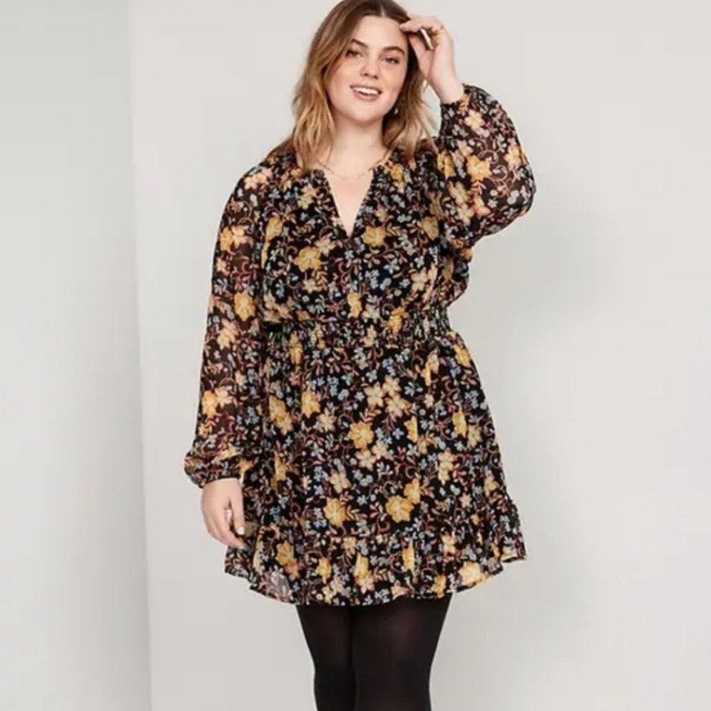 NWT Boho Old Navy Smocked Waist Floral Flowy Tiered Mini Dress Size L NWT
